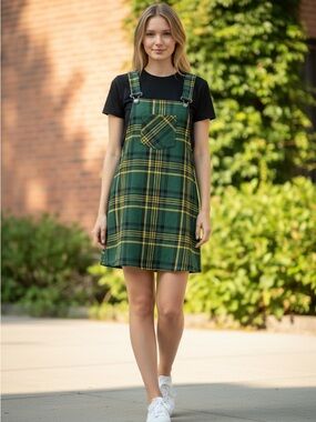 Fashion Nova Green & Yellow Plaid Pinafore Dress